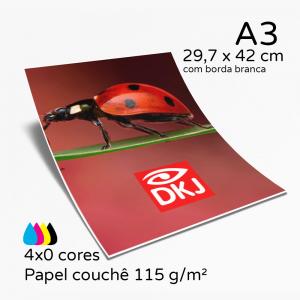 Folha A3 couchê 115 g/m² impressão laser 4x0 cores (colorido com verso sem impressão) Couchê 115 g/m² 29,7 x 42 cm 4x0 cores (colorido com verso sem impressão Sem revestimento Sem refile 