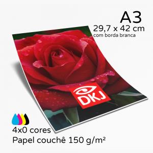 Folha A3 couchê 150 g/m² impressão laser 4x0 cores (colorido com verso sem impressão) Couchê 150 g/m² 29,7 x 42 cm 4x0 cores (colorido com verso sem impressão Sem revestimento Sem refile 